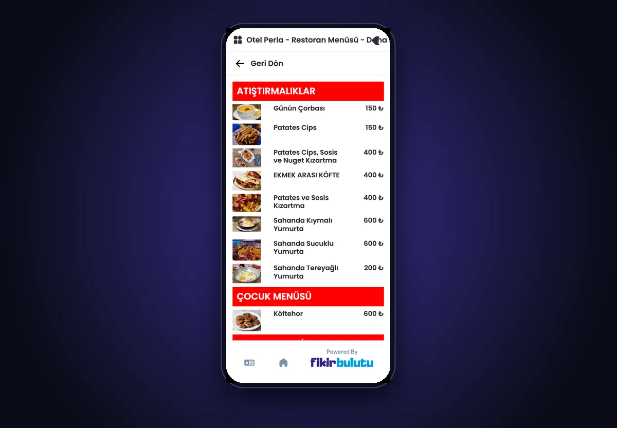 Hotel Perla Çaycuma Menü web sitesi önizlemesi