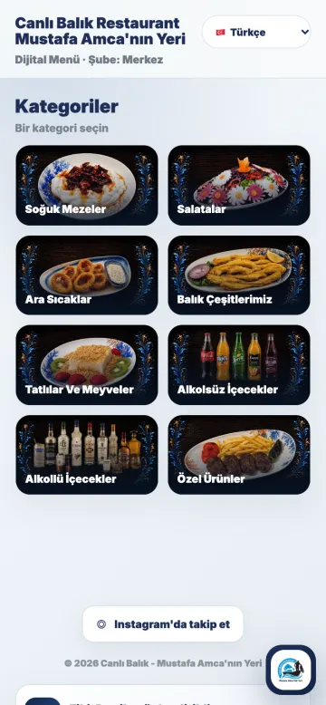 Amasra Canlı Balık dijital menüsü: kategoriler
